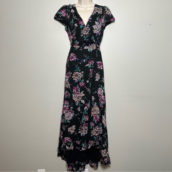 Patrons of Peace Women Maxi Dress Small Black Dark Moody Floral Wrap Tie Waist - Picture 2 of 12